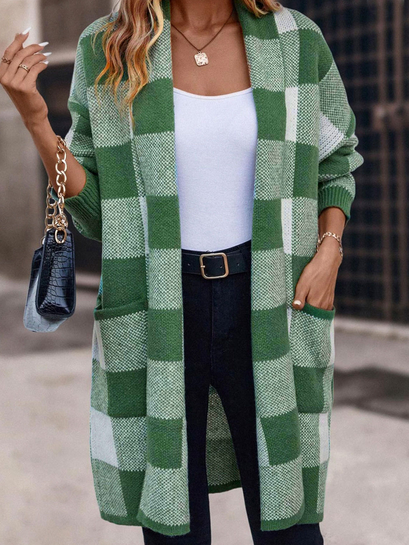 Womens Fashion Knitted Plaid Cardigan Green Plaid Sweater Coat